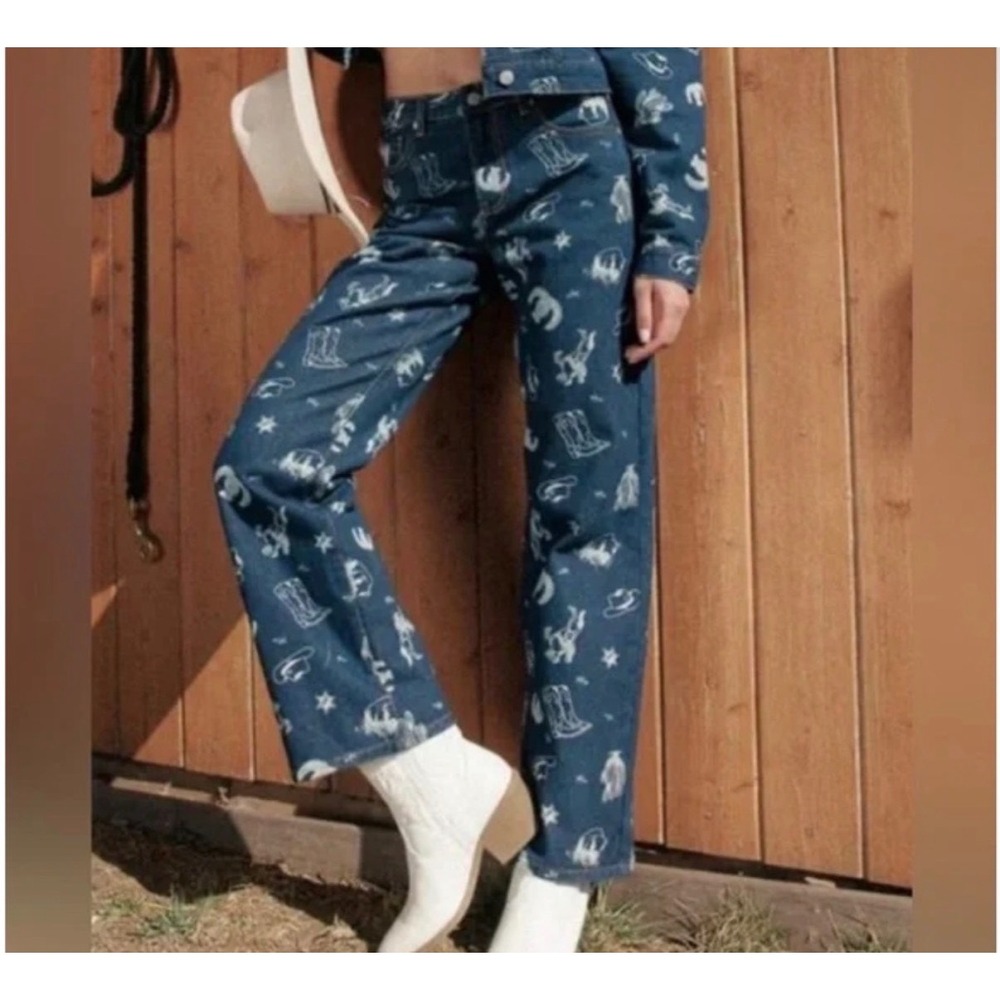 NWT Cali 1850 Western Graphic Print High Rise Straight Leg Jeans Blue Size 5/27 - Picture 2 of 10